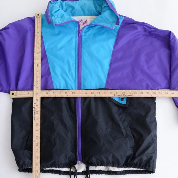 80S Active Spirit Purple Teal Zip Up Nylon W/ Hidden Hood Lined Windbreaker Coat - Picture 2 of 14
